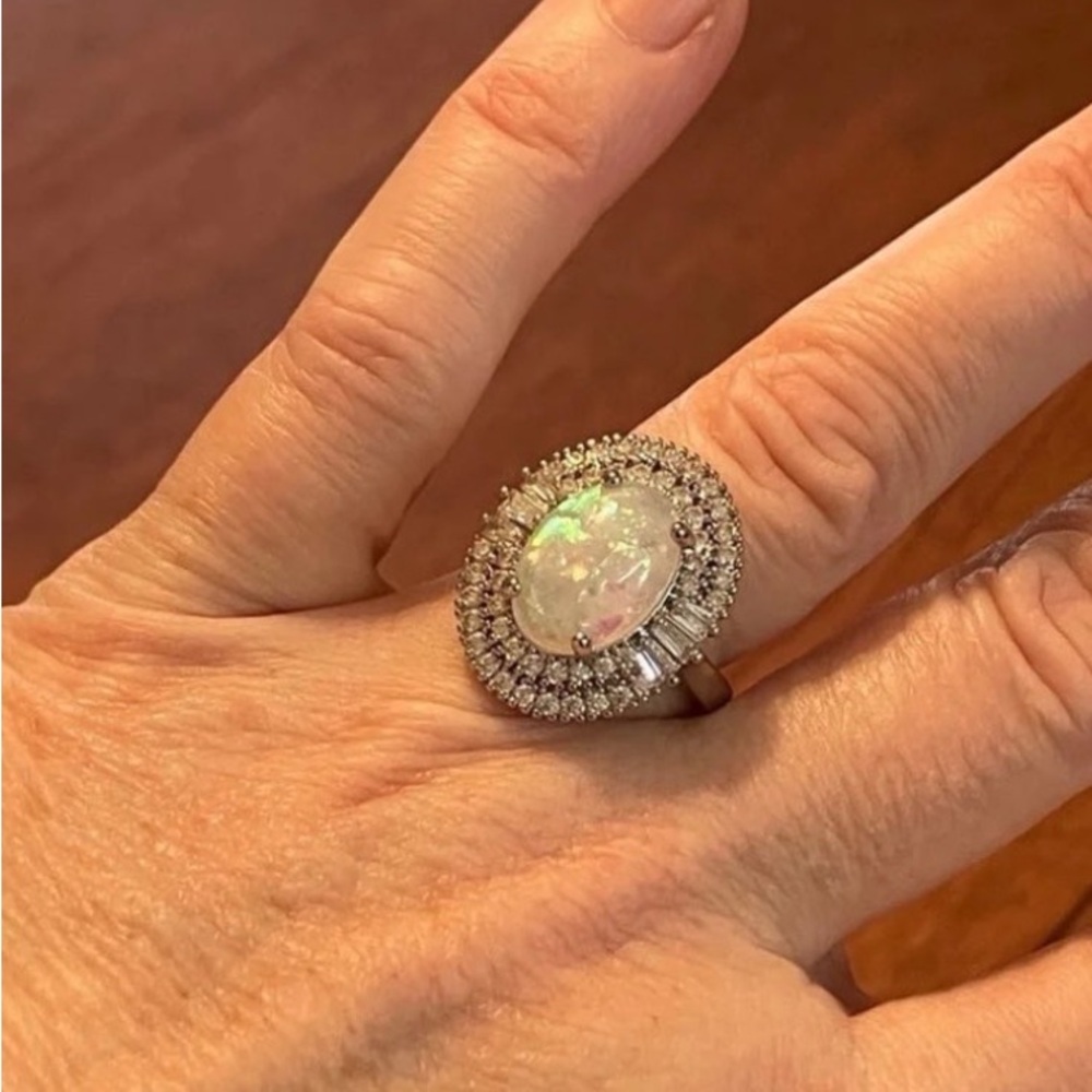 14K White Gold Ring Opal 5CT Halo Diamond Oval Baguette Wedding Engagement - Picture 6 of 11